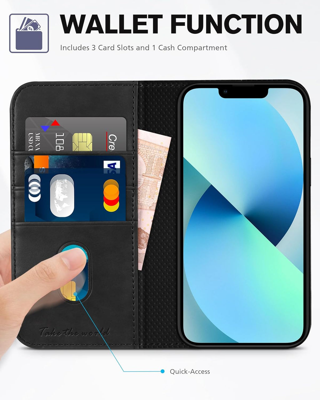 TUCCH Case Wallet for Iphone 13 5G, PU Leather Flip Folio Cover with [3 Card Slots], Stand Book Design [Shockproof TPU Interior Case] Compatible with Iphone 13 6.1-Inch 2021, Black