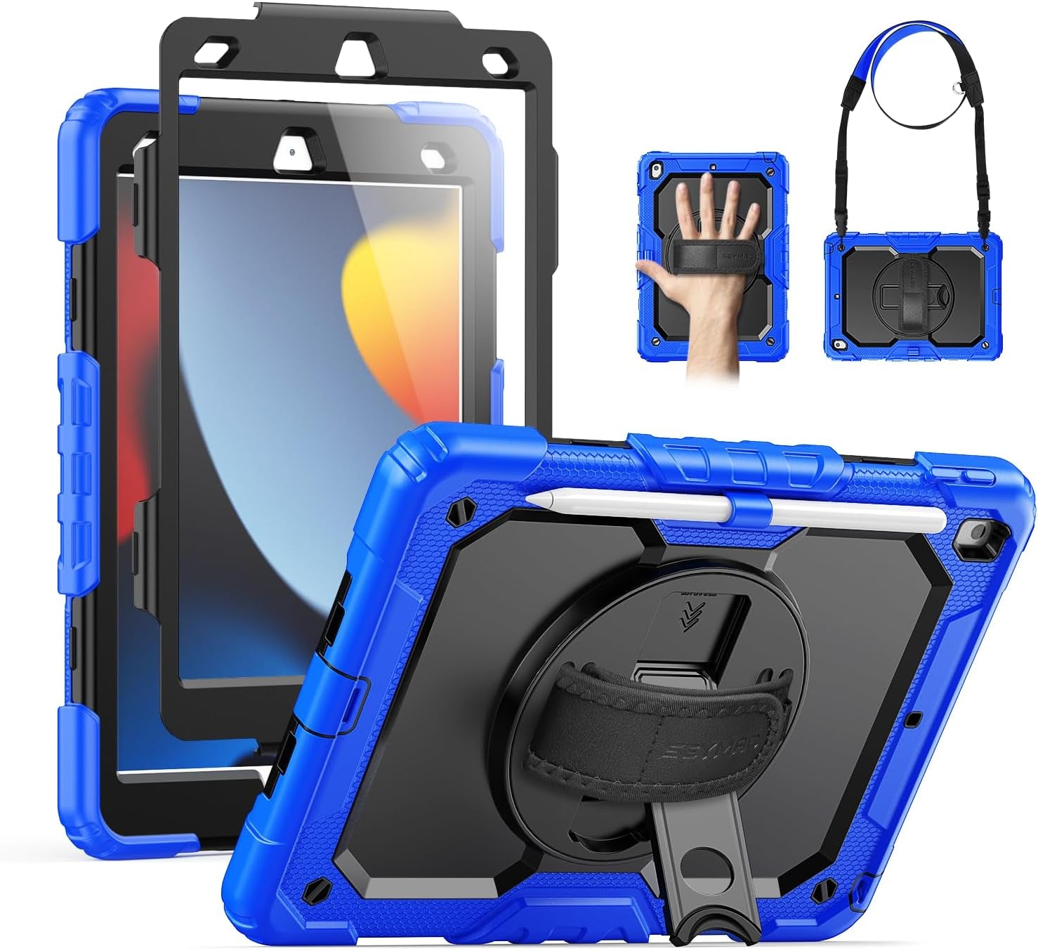 SEYMAC for Ipad 9Th/8Th/7Th Generation Case 10.2" 2021-2019, Full-Body Shockproof Heavy Duty Protective Case with Screen Protector, Rotating Stand/Handle/Shoulder Strap for Ipad 10.2, Black/Blue