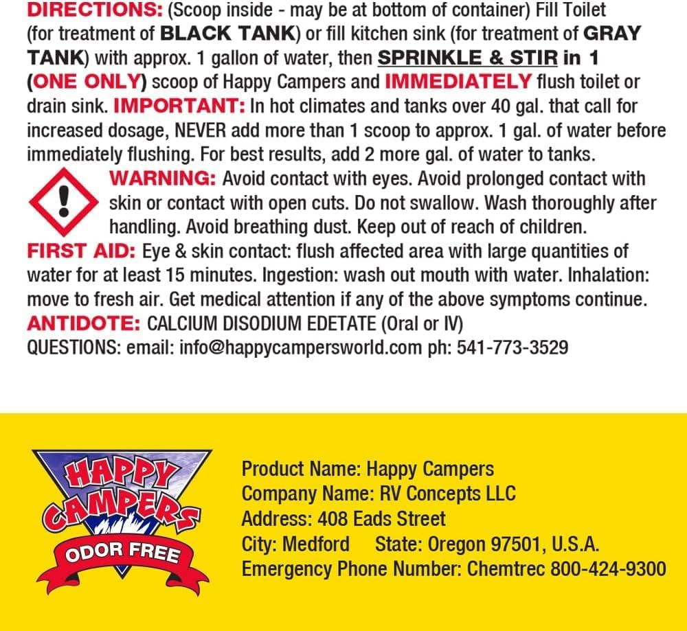 Happy Campers RV Toilet Treatment - Powerful Odor Control, Long-Lasting RV Tank Treatment - Prevents Clogs, Buildup, Sensor Failure - Keeps Holding Tank Clean & Healthy, Odor Free (18 Treatments)