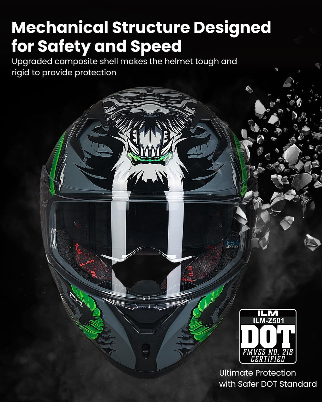 ILM Motorcycle Helmet Full Face with Pinlock Compatible Clear&Tinted Visors and Fins Street Bike Motocross Casco DOT Model Z501(Legend Green, Medium)