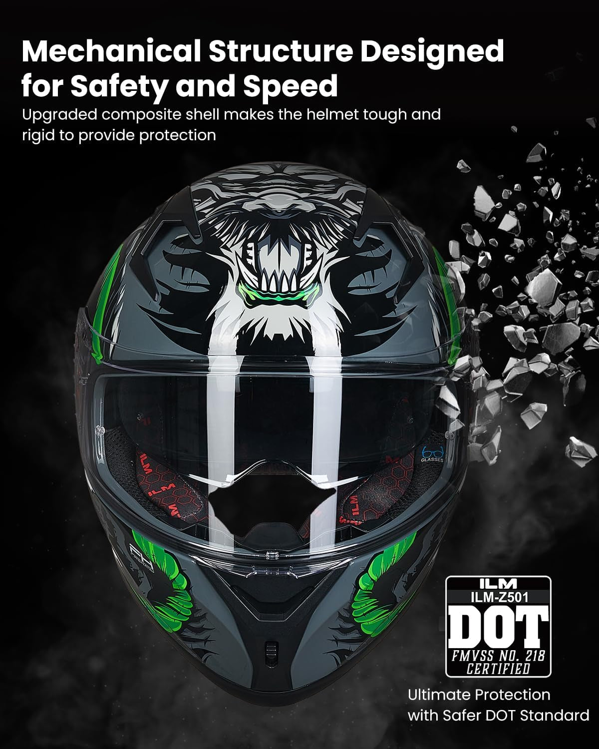 ILM Motorcycle Helmet Full Face with Pinlock Compatible Clear&Tinted Visors and Fins Street Bike Motocross Casco DOT Model Z501(Legend Green, Medium)