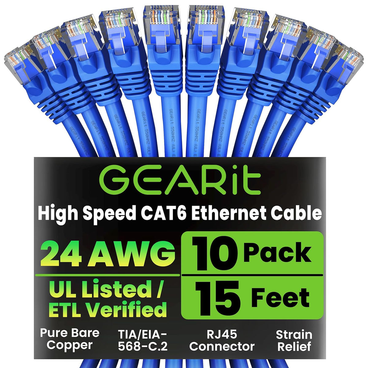 Gearit Cat 6 Ethernet Cable (10-Pack 10 Feet) Cat6 Network Patch, 10Gbps, RJ45, Snagless Cord, Gold-Plated Connectors, Internet for PC, TV, Tablet, Router, Printer, Servers, IT Data Center - Green