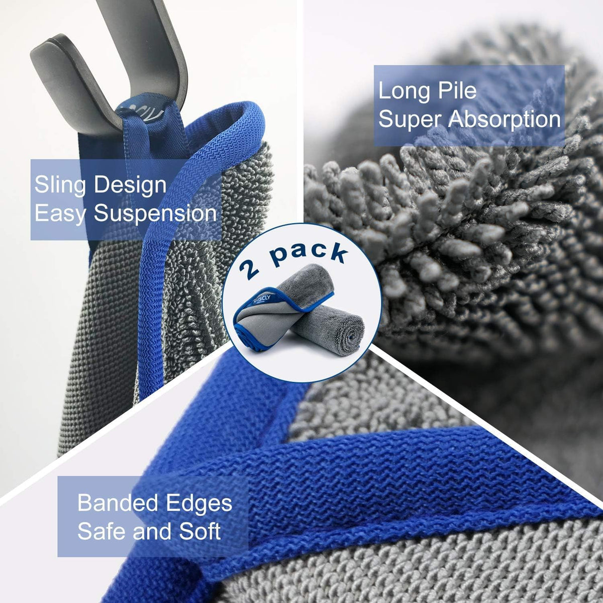SHSCLY Microfiber Car Drying Towel Super Absorbent Twist Pile Car Towels Rapid Drying Large Cleaning Lint-Free Detailing Cloth Gray 20 X 24 Inches Pack of 2