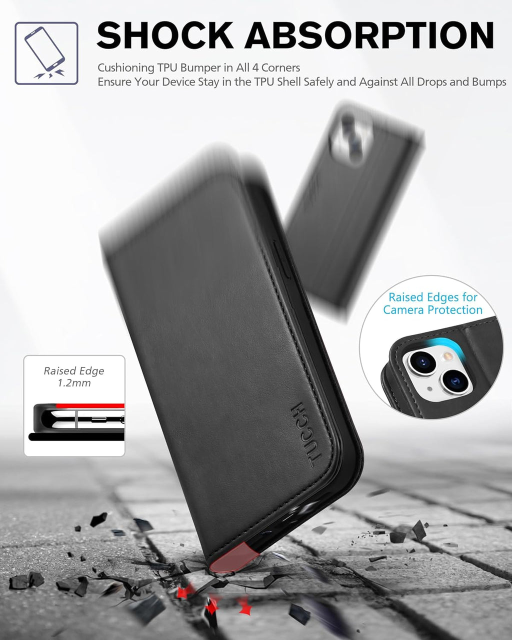 TUCCH Case Wallet for Iphone 13 5G, PU Leather Flip Folio Cover with [3 Card Slots], Stand Book Design [Shockproof TPU Interior Case] Compatible with Iphone 13 6.1-Inch 2021, Black