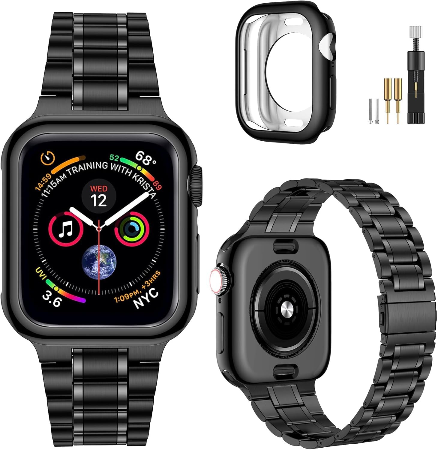 Miohhr Solid Stainless Steel Band Compatible with Apple Watch 44Mm(Series 6/5/4/SE), 42Mm (Series 3/2/1), Metal Strap with Soft TPU Case for Iwatch Bands for Women and Men, Gold