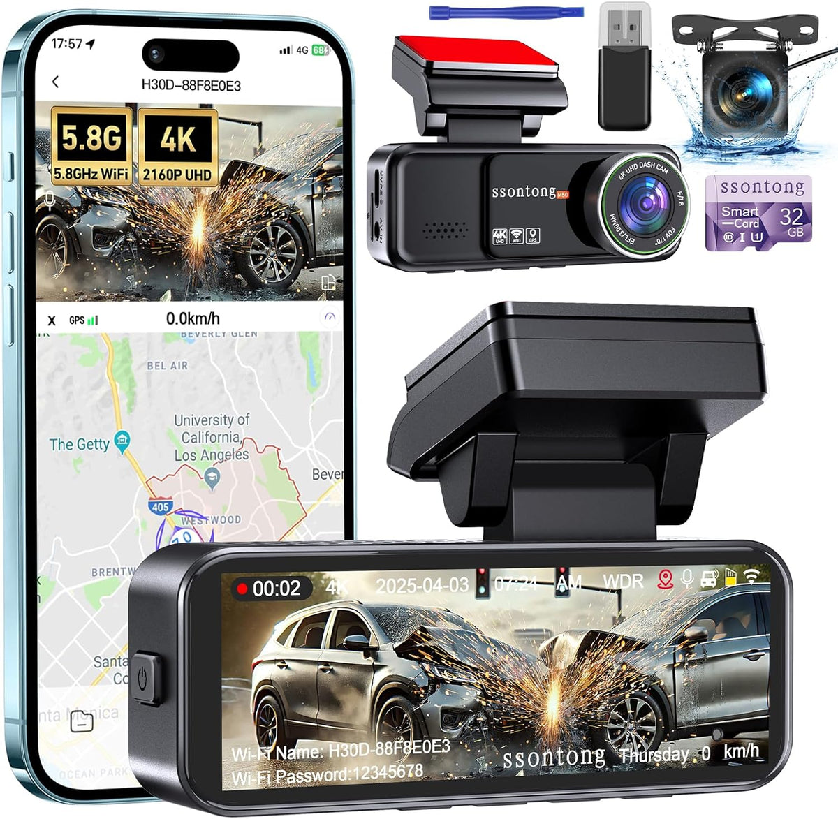 Dash Cam Front and Rear, Dash Camera for Cars Wifi/App Control Dual Dashcam W/ 64GB Card, 2.5K Dash Cam Front+1080P Rear Car Camera W/Super Night Vision, Loop Recording, G-Sensor, Max Support 256GB