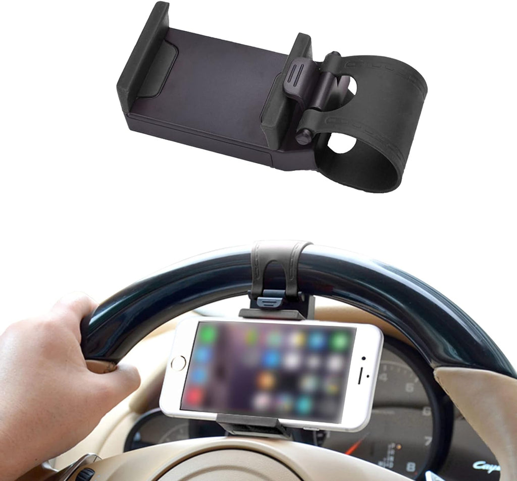 HAOBO Car Phone Holder - Adjustable Car Cradle, Steering Wheel Phone Mount, Universal Mobile Phone Mount, Hands Free Automobile Cell Phone Holder for Most Steering Wheels (Black)