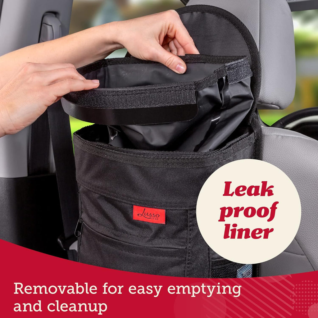 Lusso Gear Car Trash Can - 2.5-Gallon, Black, round - Leak-Proof & Spill-Proof Lid & Waterproof Removable Liner - Hanging Car Trash Bin & Organizer for SUV, Truck & Minivan