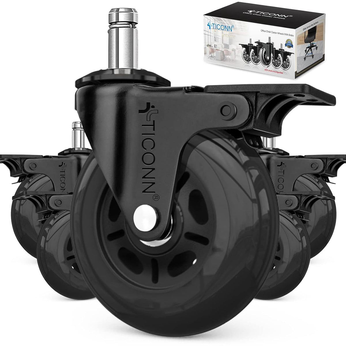 TICONN Office Chair Caster Wheels Set of 5 for Tile, Hardwood Floors and Carpets, Universal Fit for Most Chairs (Black)