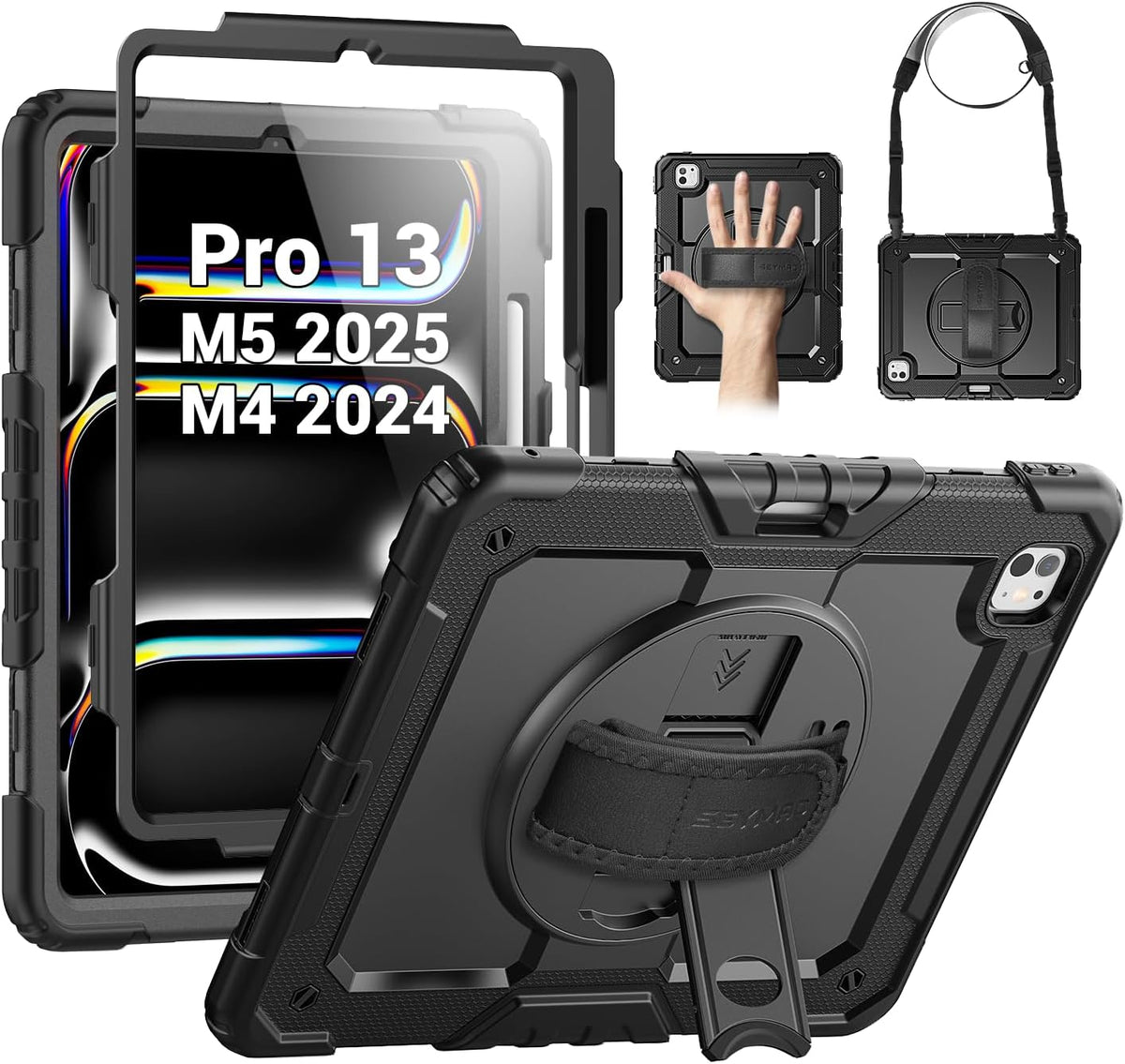 SEYMAC for Ipad 9Th/8Th/7Th Generation Case 10.2" 2021-2019, Full-Body Shockproof Heavy Duty Protective Case with Screen Protector, Rotating Stand/Handle/Shoulder Strap for Ipad 10.2, Black/Blue