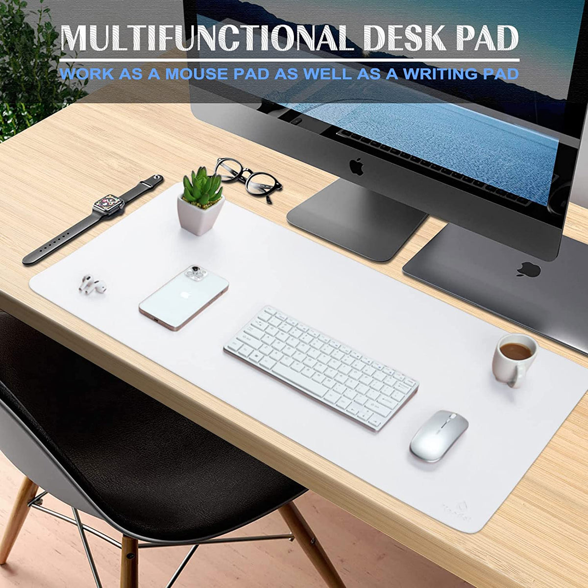 K KNODEL Large Office Leather Desk Mat, Mouse and Keyboard Pad, Computer and Laptop Mat, Desktop Protector and Cover, Writing Pad and Blotter (31.5"X15.7", White)