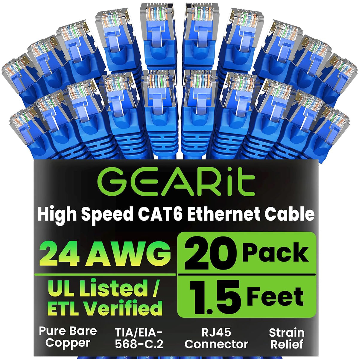 Gearit Cat 6 Ethernet Cable (10-Pack 10 Feet) Cat6 Network Patch, 10Gbps, RJ45, Snagless Cord, Gold-Plated Connectors, Internet for PC, TV, Tablet, Router, Printer, Servers, IT Data Center - Green