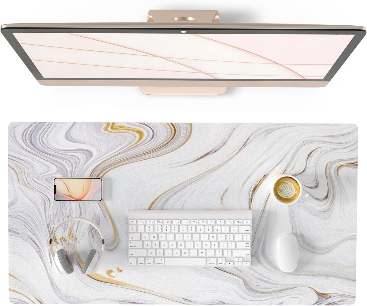 QIYI Large Mouse Pad, Cute Pink Desk Mat for Desktop, Women Girls PU Leather Desk Pad Waterproof Gaming Mousepad, Rose Gold Marble Computer Protector Writing Pad for School Office Home 31.5" X 15.7"