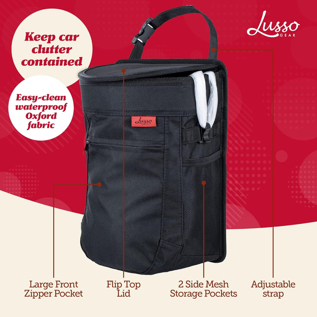 Lusso Gear Car Trash Can - 2.5-Gallon, Black, round - Leak-Proof & Spill-Proof Lid & Waterproof Removable Liner - Hanging Car Trash Bin & Organizer for SUV, Truck & Minivan