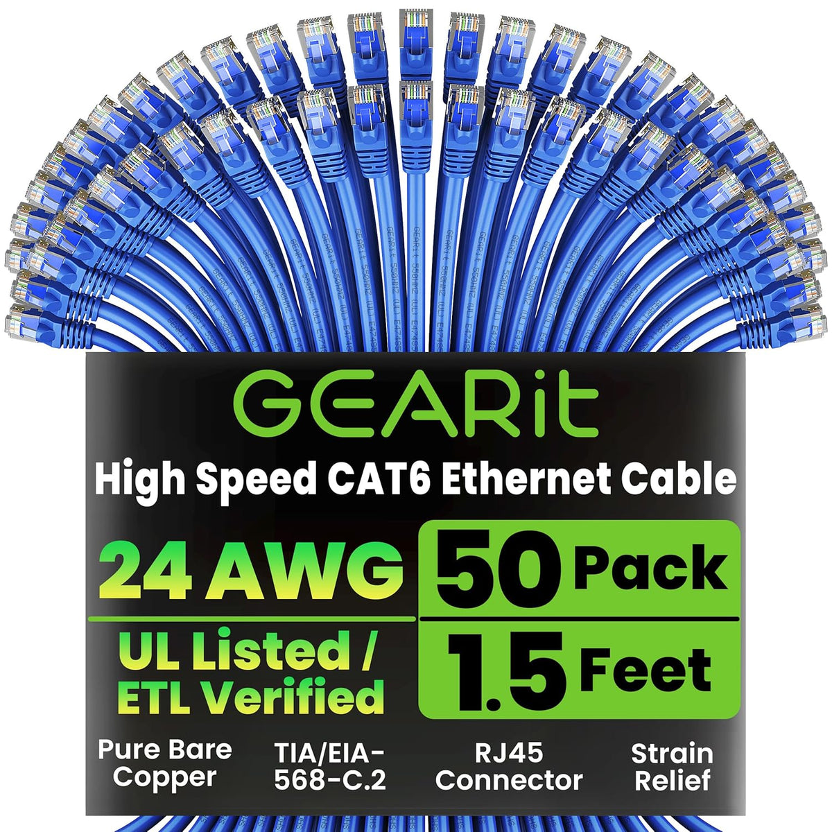 Gearit Cat 6 Ethernet Cable (10-Pack 10 Feet) Cat6 Network Patch, 10Gbps, RJ45, Snagless Cord, Gold-Plated Connectors, Internet for PC, TV, Tablet, Router, Printer, Servers, IT Data Center - Green