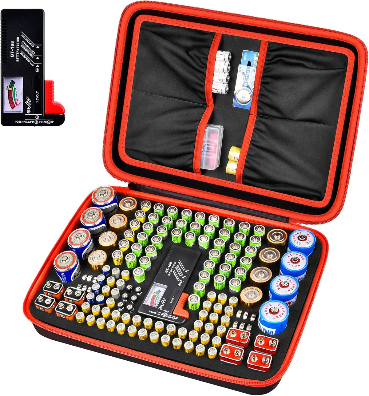 Comecase Battery Organizer Storage Case, Battery Vault Carrying Container Bag Holder - Holds 148+ Batteries AA AAA AAAA C D 9V Button Cell - with BT-168 Tester for Home&Garage- Black(Box Only)
