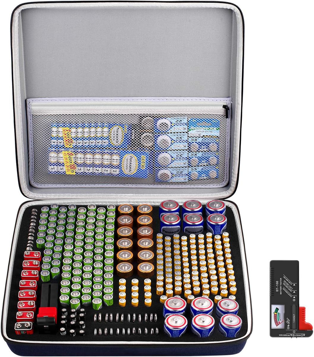 Comecase Battery Organizer Storage Case, Battery Vault Carrying Container Bag Holder - Holds 148+ Batteries AA AAA AAAA C D 9V Button Cell - with BT-168 Tester for Home&Garage- Black(Box Only)