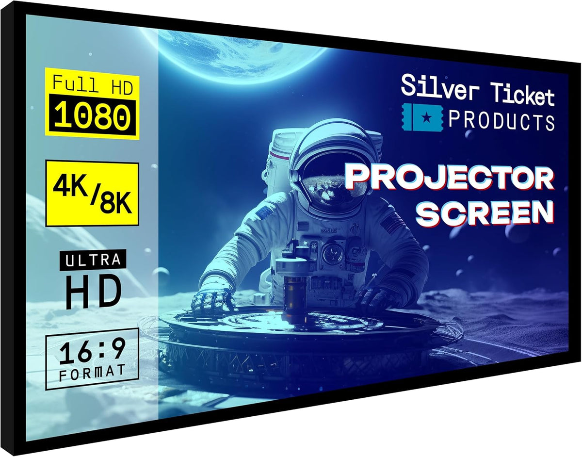 Silver Ticket Products STR Series 6 Piece Home Theater Fixed Frame 4K / 8K Ultra HD, HDTV, HDR & Active 3D Movie Projection Screen, 16:9 Format, 150" Diagonal, White Material STR-169150