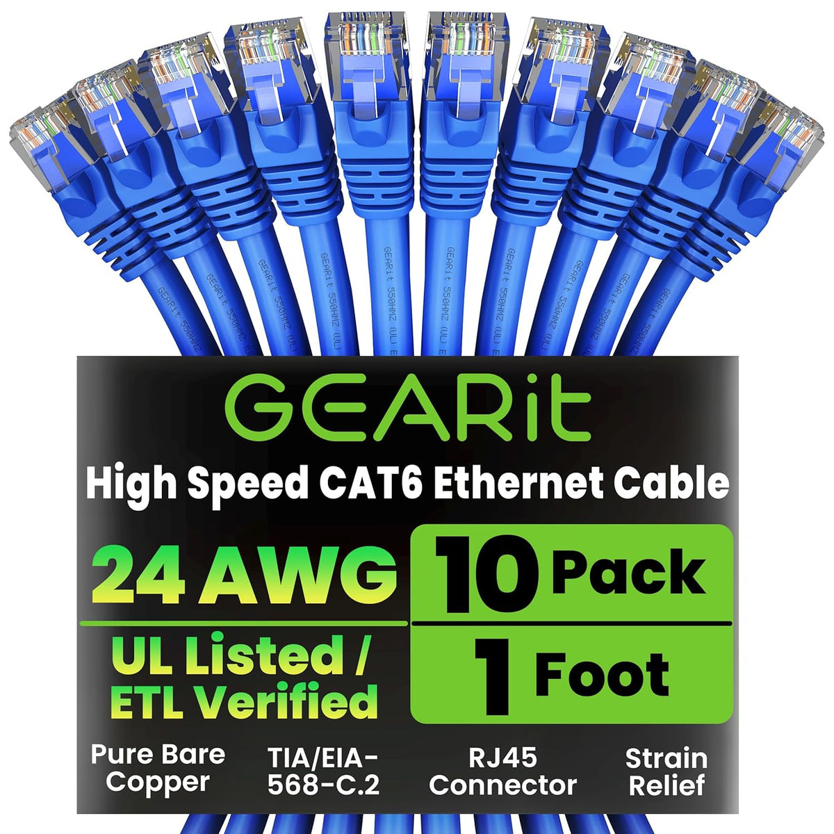 Gearit Cat 6 Ethernet Cable (10-Pack 10 Feet) Cat6 Network Patch, 10Gbps, RJ45, Snagless Cord, Gold-Plated Connectors, Internet for PC, TV, Tablet, Router, Printer, Servers, IT Data Center - Green