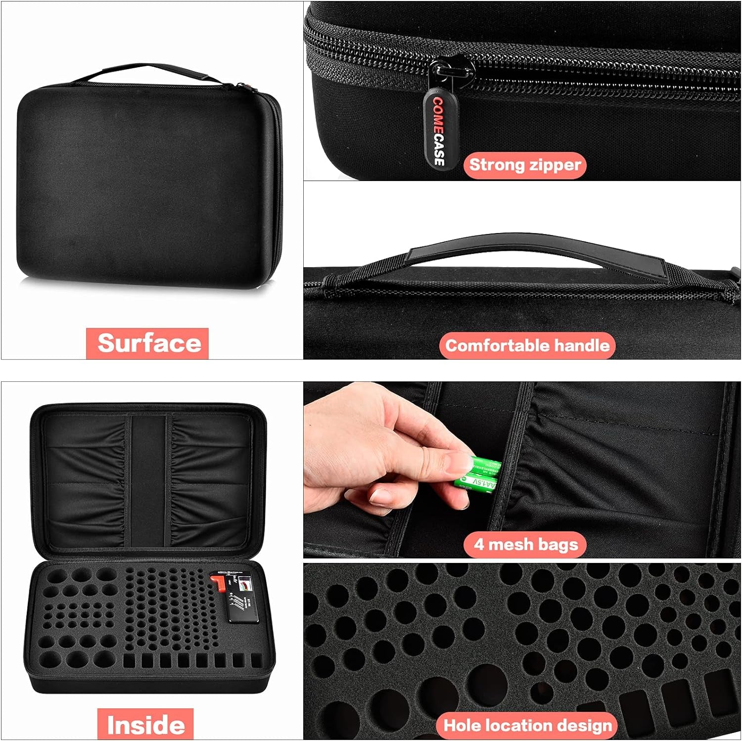 Comecase Battery Organizer Storage Case, Battery Vault Carrying Container Bag Holder - Holds 148+ Batteries AA AAA AAAA C D 9V Button Cell - with BT-168 Tester for Home&Garage- Black(Box Only)