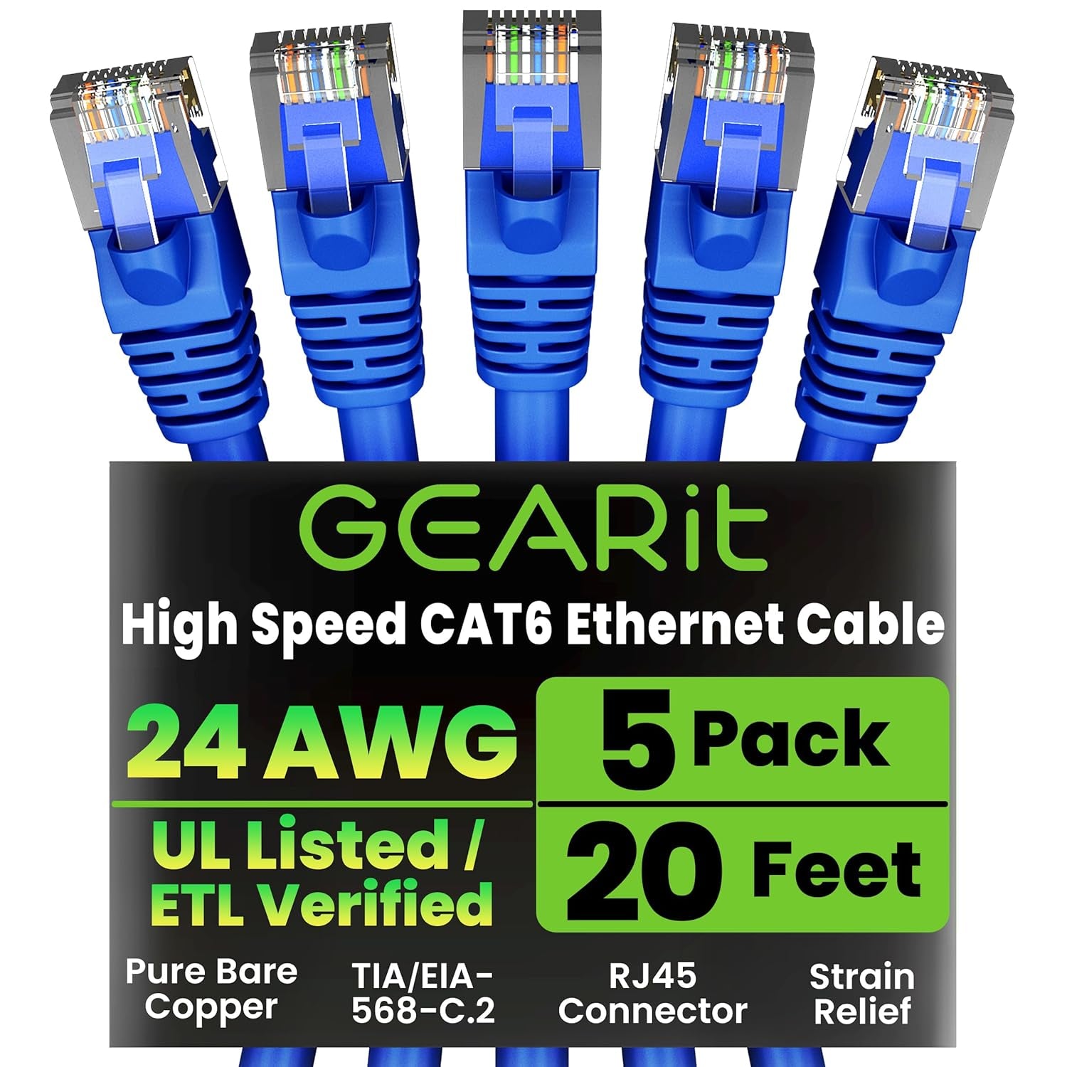 Gearit Cat 6 Ethernet Cable (10-Pack 10 Feet) Cat6 Network Patch, 10Gbps, RJ45, Snagless Cord, Gold-Plated Connectors, Internet for PC, TV, Tablet, Router, Printer, Servers, IT Data Center - Green