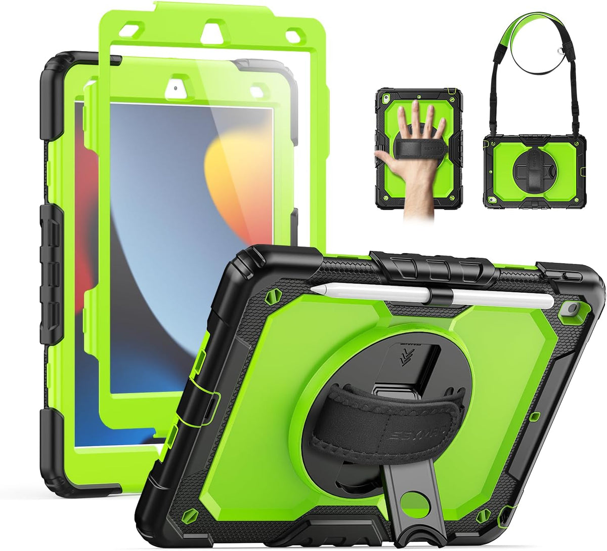SEYMAC for Ipad 9Th/8Th/7Th Generation Case 10.2" 2021-2019, Full-Body Shockproof Heavy Duty Protective Case with Screen Protector, Rotating Stand/Handle/Shoulder Strap for Ipad 10.2, Black/Blue
