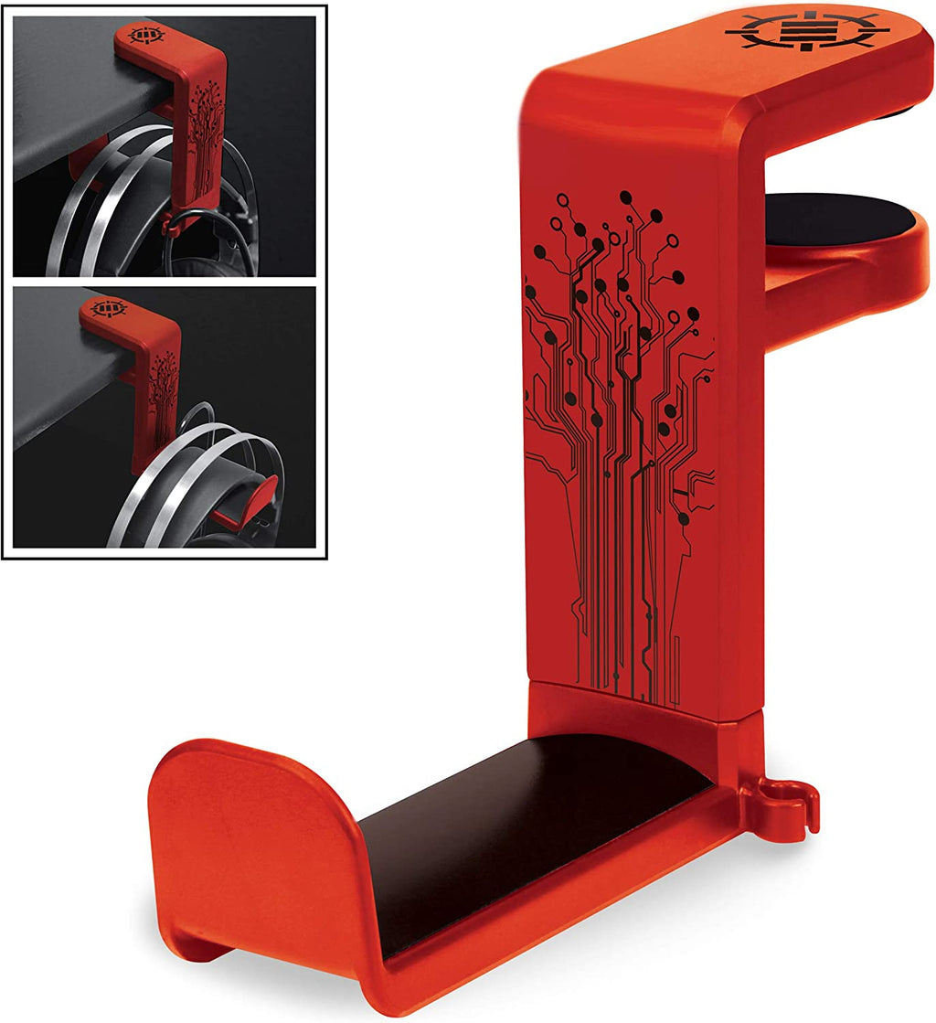 ENHANCE PC Gaming Headphone Holder - Desk Headphone Hanger Esports Headset Holder with Adjustable 360 Rotation, under Desk Hook Clamp, Universal Fit - Built in Cable Clip Organizer - Red