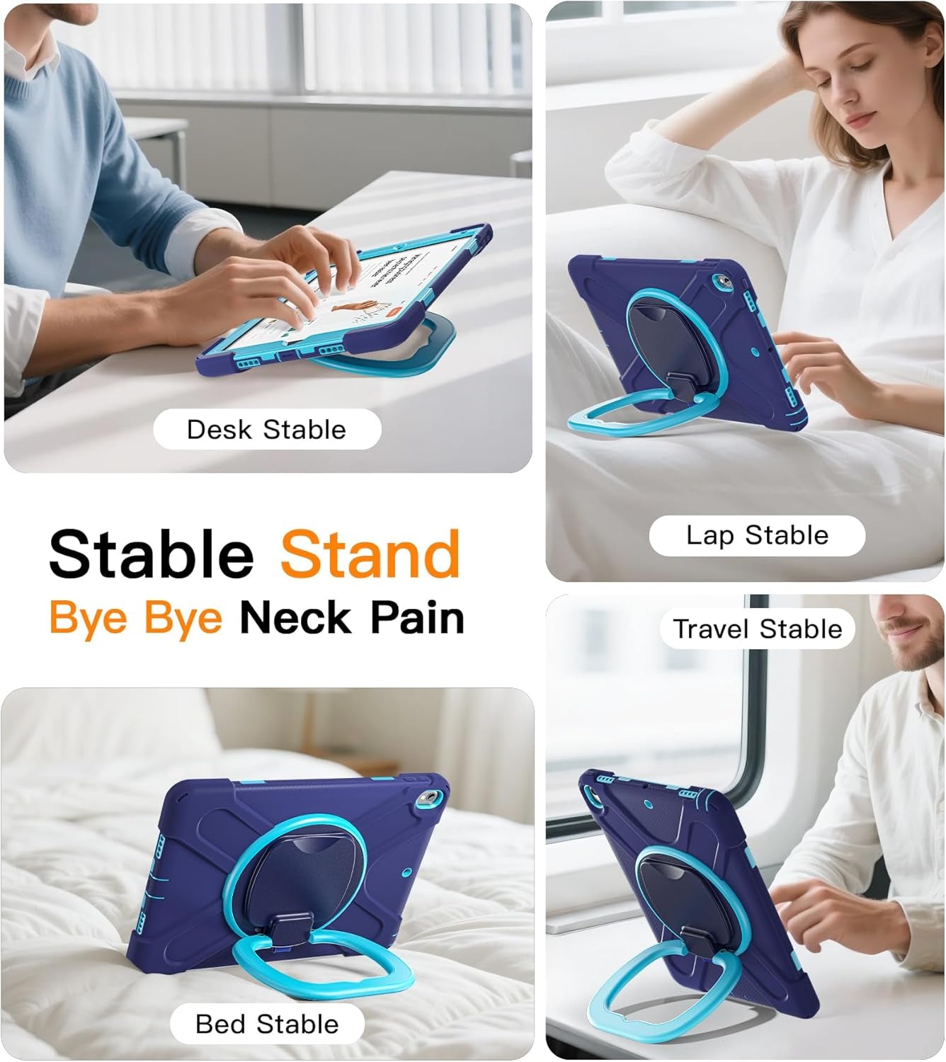 BATYUE Ipad Air 3Rd Generation Case 2019 / Ipad Pro 10.5 Inch Case 2017; Rugged Heavy Duty Protective Cover with Pencil Holder, 360° Swivel Stand, Shoulder Strap; for Kids (Navy Blue+Blue)