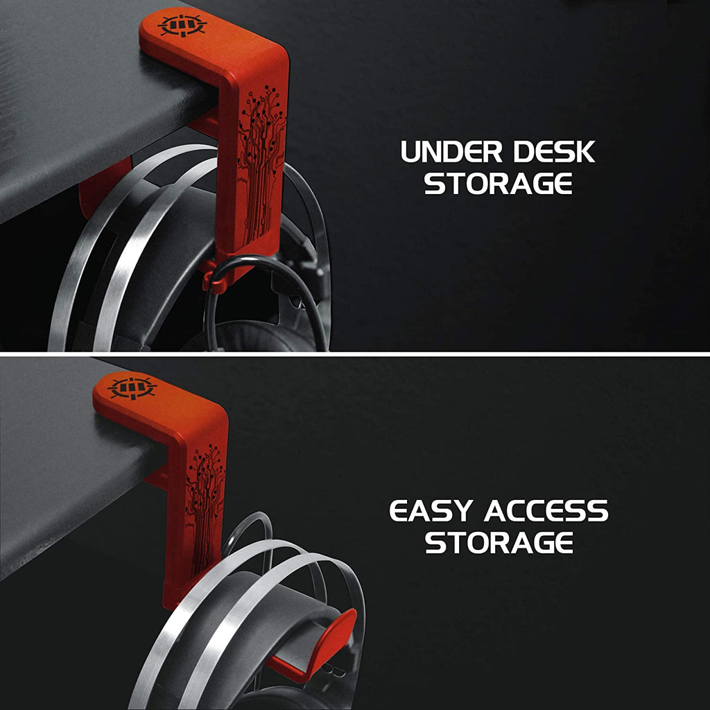 ENHANCE PC Gaming Headphone Holder - Desk Headphone Hanger Esports Headset Holder with Adjustable 360 Rotation, under Desk Hook Clamp, Universal Fit - Built in Cable Clip Organizer - Red