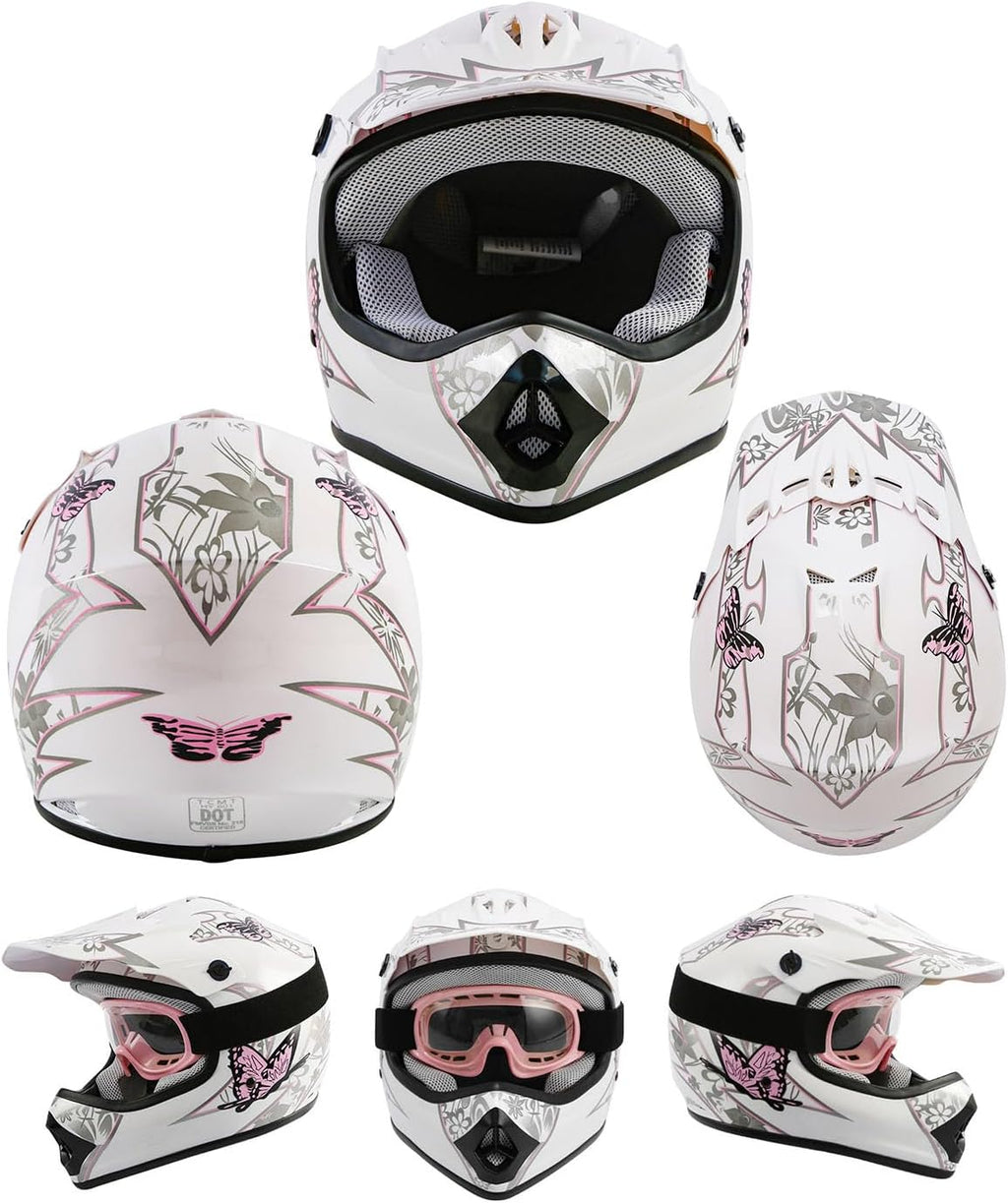 TCT-MOTORPARTS DOT Youth Kids Dirt Bike Full Face Helmets Motocross ATV Offroad Four Wheeler Helmet Pink Butterfly Medium Size
