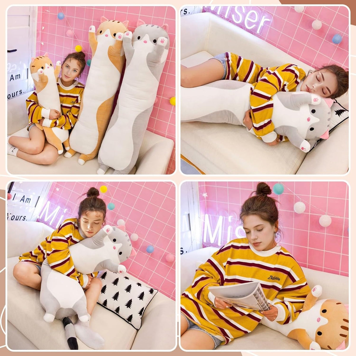 Cute Cat Plush Long Body Pillow – Soft Cartoon Stuffed Animal Doll, Kawaii Cat Plushie Toy Pillow Gifts for Kids, Girls & Girlfriend (Gray, 19.7 Inch)