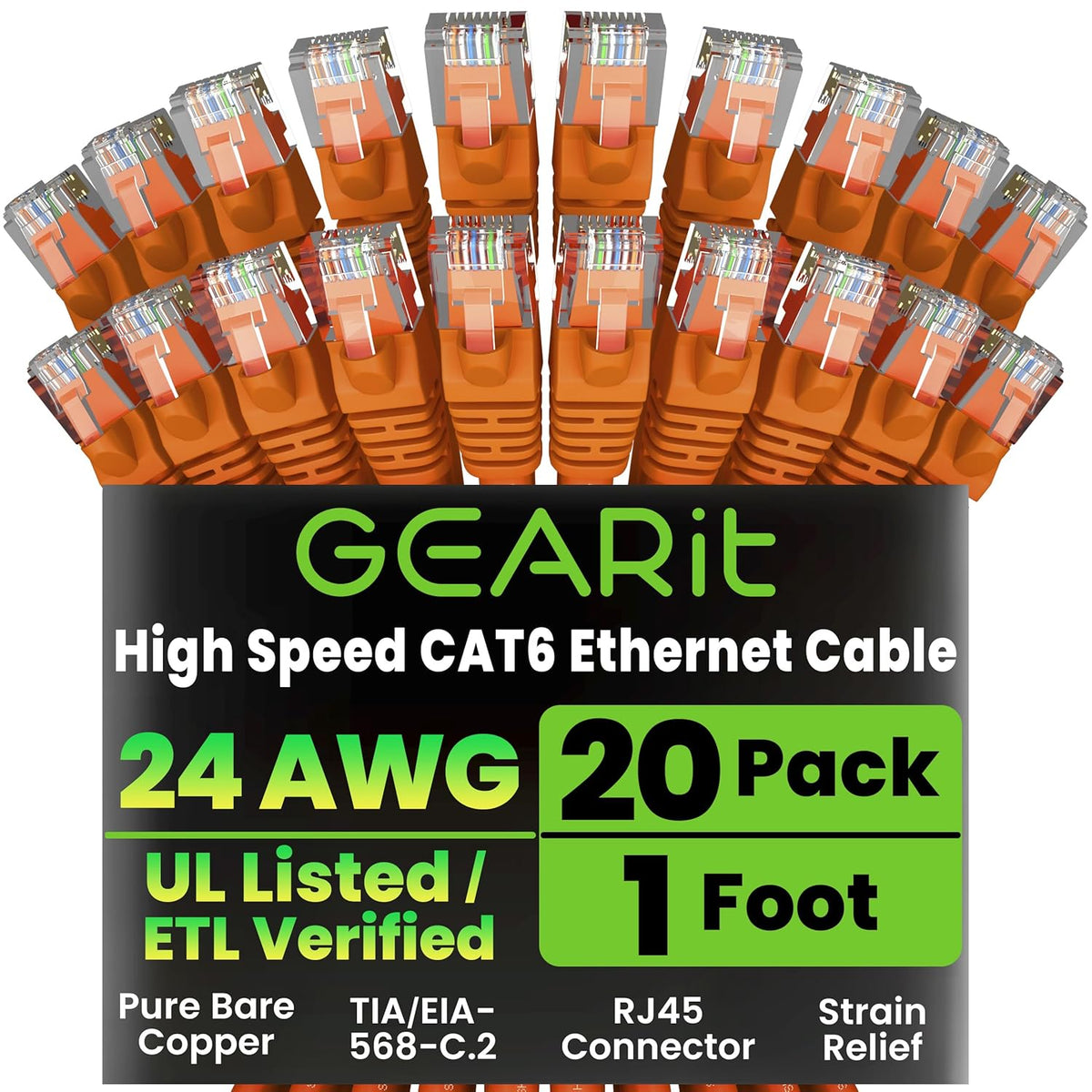Gearit Cat 6 Ethernet Cable (10-Pack 10 Feet) Cat6 Network Patch, 10Gbps, RJ45, Snagless Cord, Gold-Plated Connectors, Internet for PC, TV, Tablet, Router, Printer, Servers, IT Data Center - Green