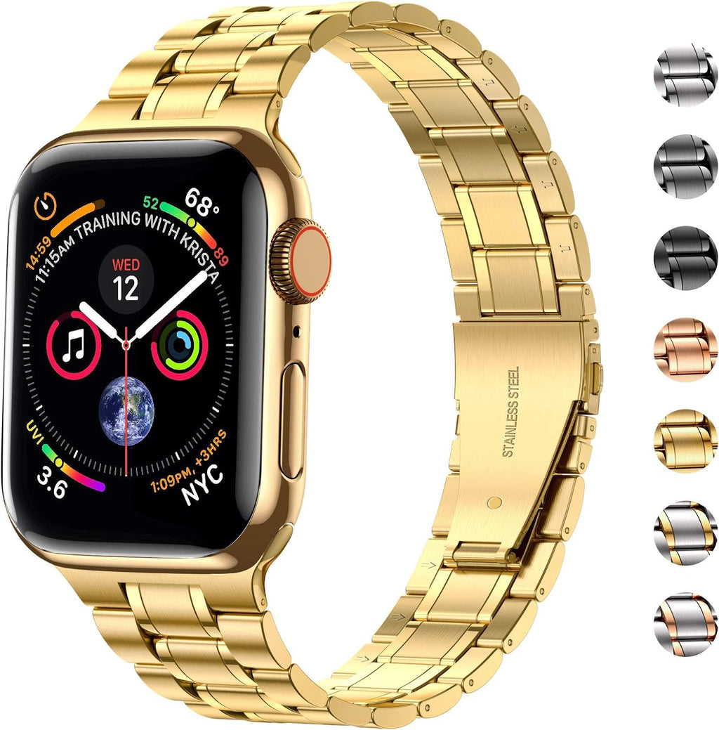 Miohhr Solid Stainless Steel Band Compatible with Apple Watch 44Mm(Series 6/5/4/SE), 42Mm (Series 3/2/1), Metal Strap with Soft TPU Case for Iwatch Bands for Women and Men, Gold