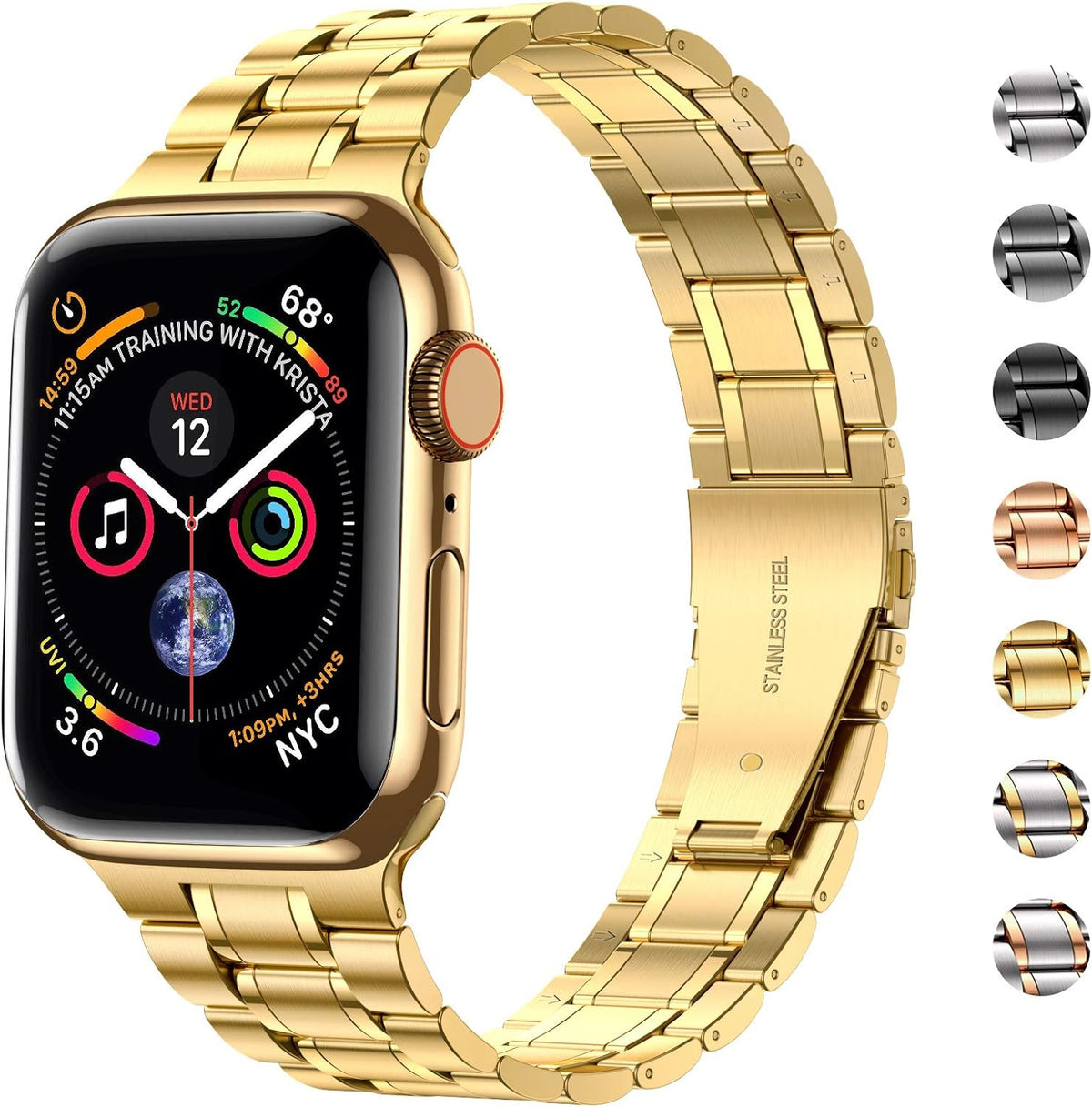 Miohhr Solid Stainless Steel Band Compatible with Apple Watch 44Mm(Series 6/5/4/SE), 42Mm (Series 3/2/1), Metal Strap with Soft TPU Case for Iwatch Bands for Women and Men, Gold