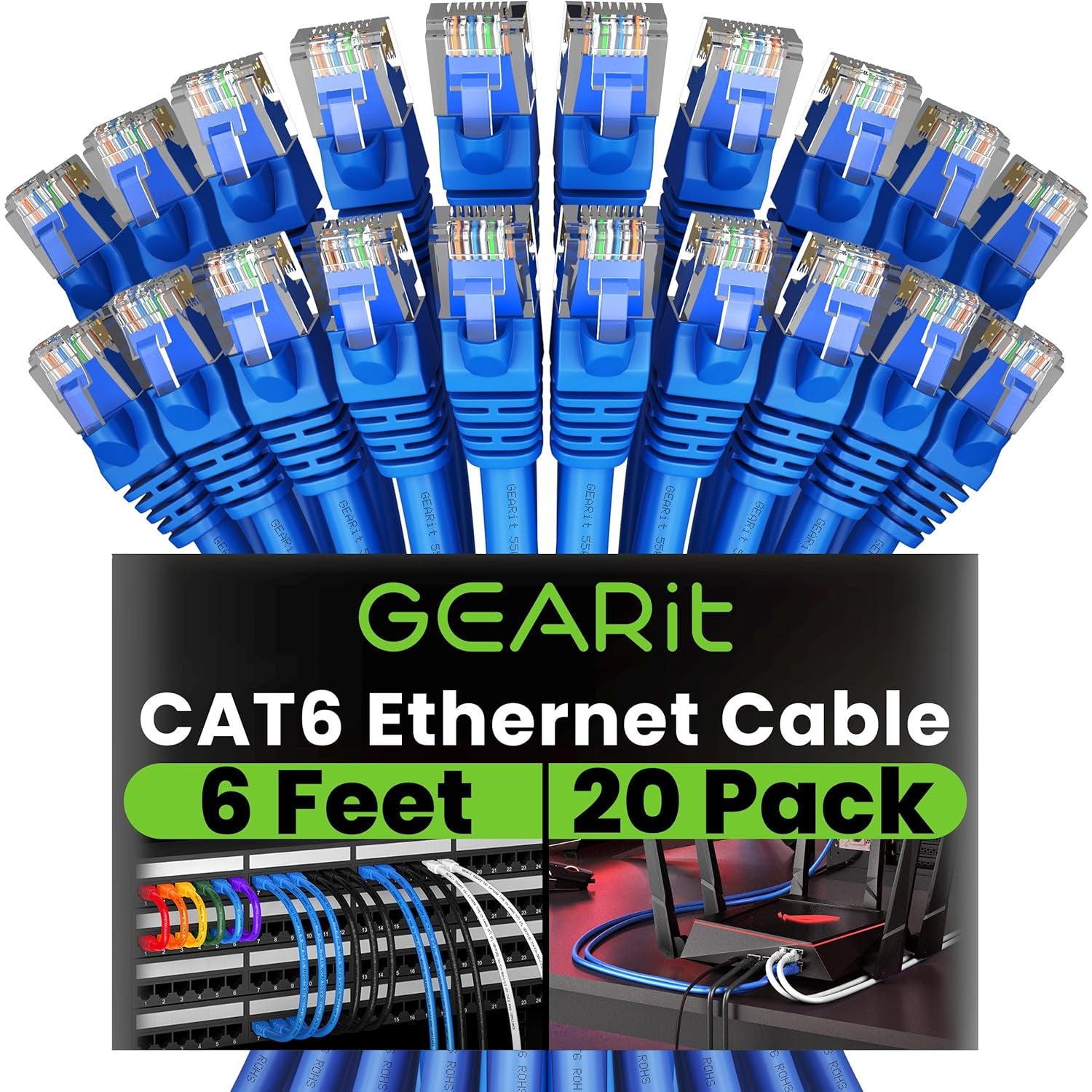 Gearit Cat 6 Ethernet Cable (10-Pack 10 Feet) Cat6 Network Patch, 10Gbps, RJ45, Snagless Cord, Gold-Plated Connectors, Internet for PC, TV, Tablet, Router, Printer, Servers, IT Data Center - Green