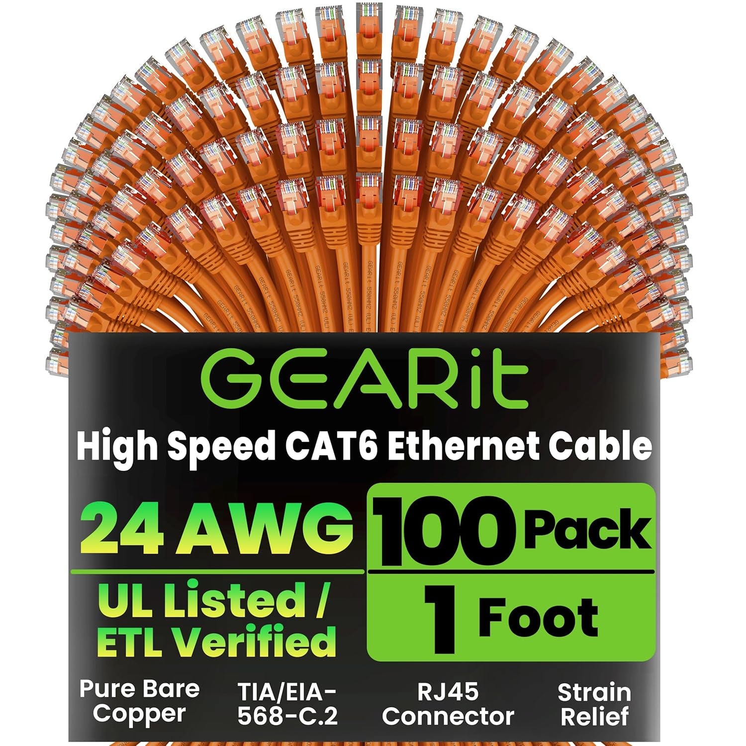 Gearit Cat 6 Ethernet Cable (10-Pack 10 Feet) Cat6 Network Patch, 10Gbps, RJ45, Snagless Cord, Gold-Plated Connectors, Internet for PC, TV, Tablet, Router, Printer, Servers, IT Data Center - Green
