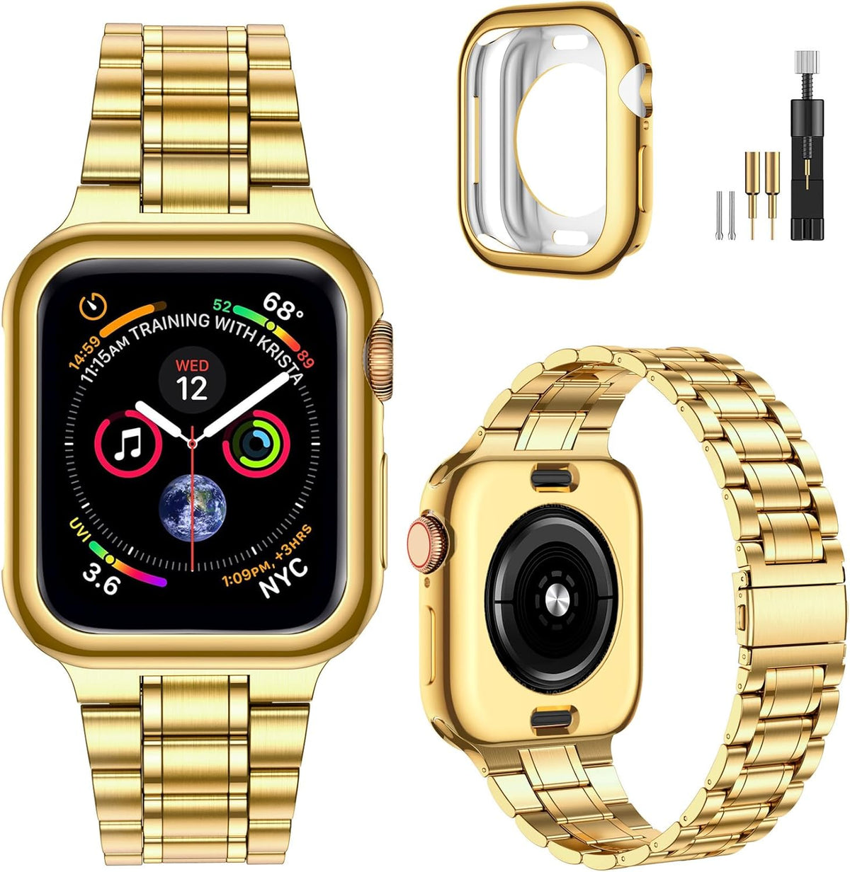 Miohhr Solid Stainless Steel Band Compatible with Apple Watch 44Mm(Series 6/5/4/SE), 42Mm (Series 3/2/1), Metal Strap with Soft TPU Case for Iwatch Bands for Women and Men, Gold