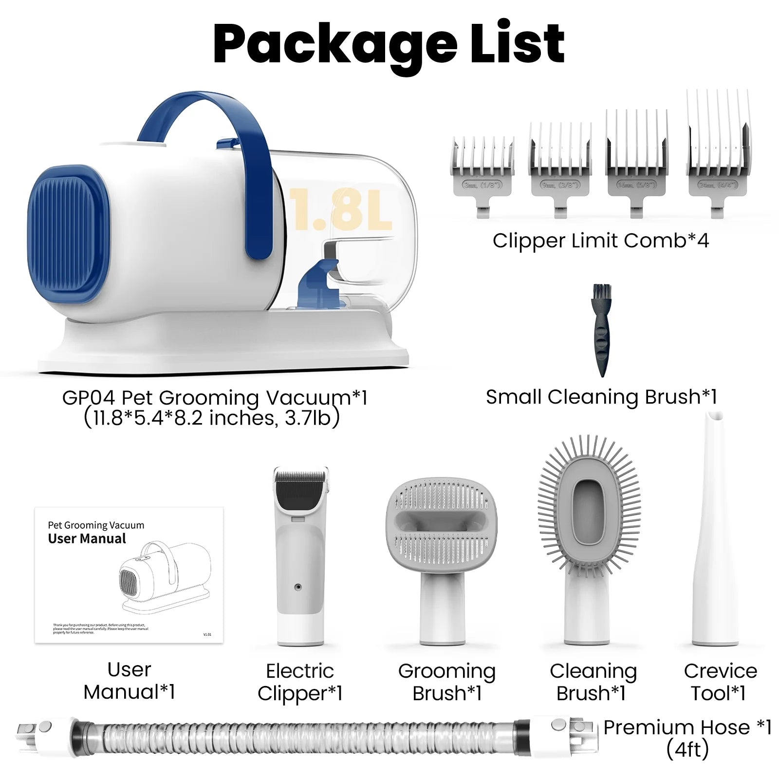 GP04 Dog Grooming Kit, 5 Grooming Tools, Pet Grooming Vacuum, Dog Clippers Kit, Low Noise