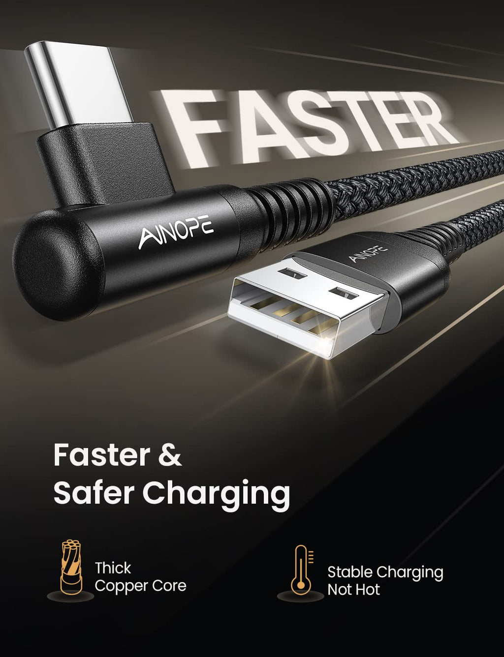AINOPE 2-Pack Type C Charging Cable 3.1A Fast Charge, Right Angle [6.6Ft+6.6Ft] USB C Cable, Durable Nylon Braided Type C Charging Cable Fast Charge Compatible Galaxy S10 S9 S21, LG V30,V20,G6