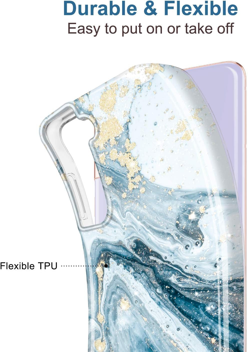 JIAXIUFEN Galaxy S21 Case Gold Sparkle Glitter Marble Slim Shockproof TPU Soft Rubber Silicone Cover Phone Case for Samsung Galaxy S21 5G 6.2 Inch 2021 Blue