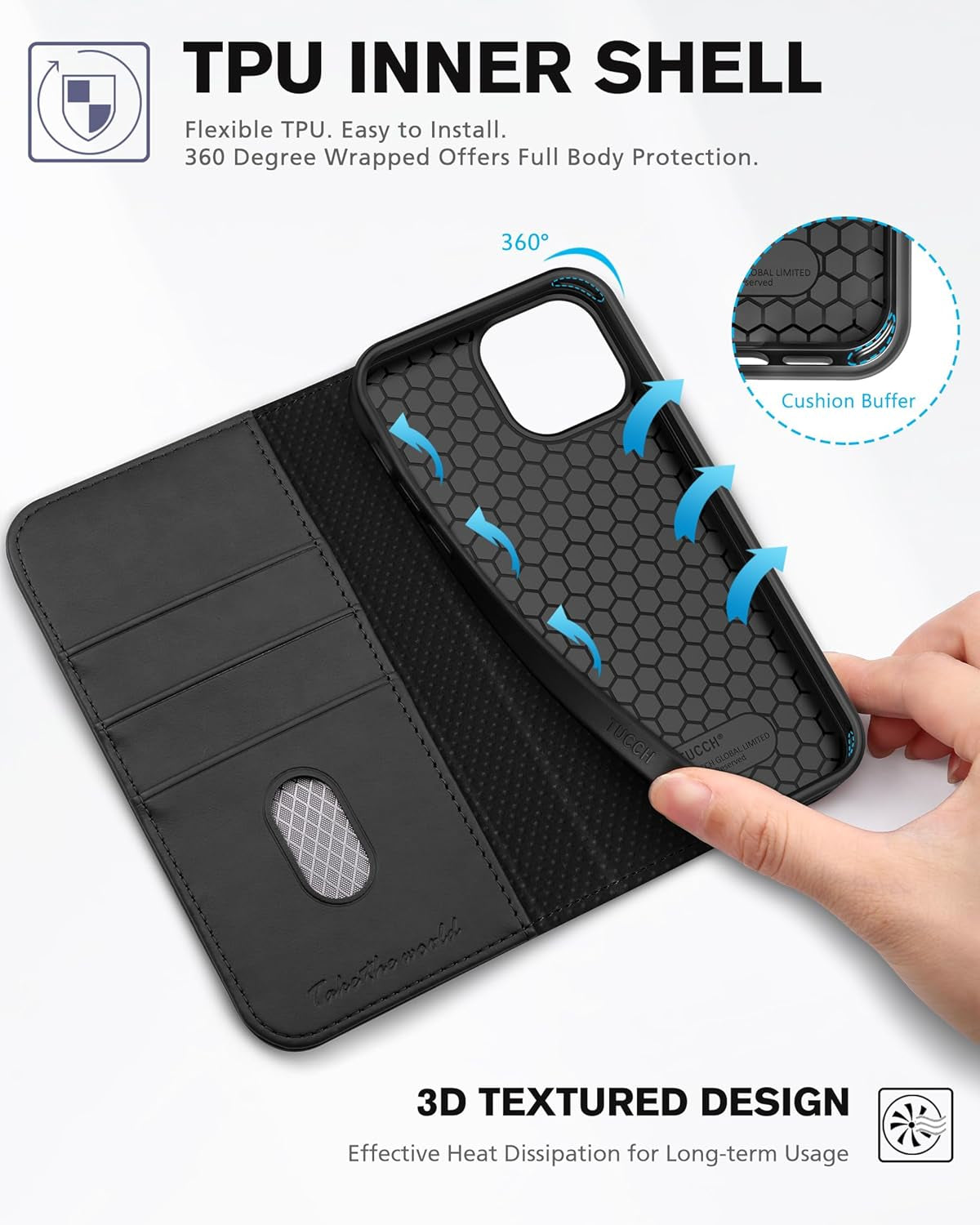 TUCCH Case Wallet for Iphone 13 5G, PU Leather Flip Folio Cover with [3 Card Slots], Stand Book Design [Shockproof TPU Interior Case] Compatible with Iphone 13 6.1-Inch 2021, Black