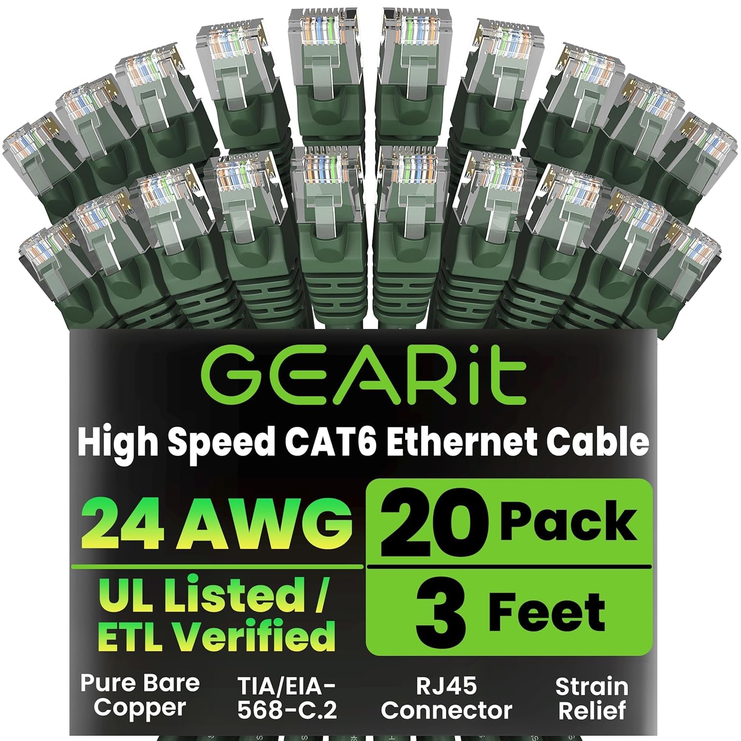 Gearit Cat 6 Ethernet Cable (10-Pack 10 Feet) Cat6 Network Patch, 10Gbps, RJ45, Snagless Cord, Gold-Plated Connectors, Internet for PC, TV, Tablet, Router, Printer, Servers, IT Data Center - Green
