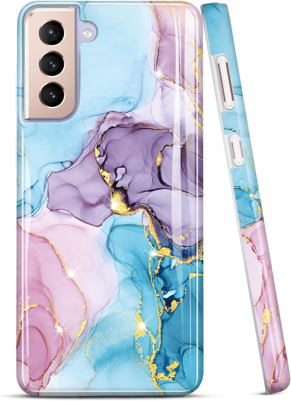 JIAXIUFEN Galaxy S21 Case Gold Sparkle Glitter Marble Slim Shockproof TPU Soft Rubber Silicone Cover Phone Case for Samsung Galaxy S21 5G 6.2 Inch 2021 Blue