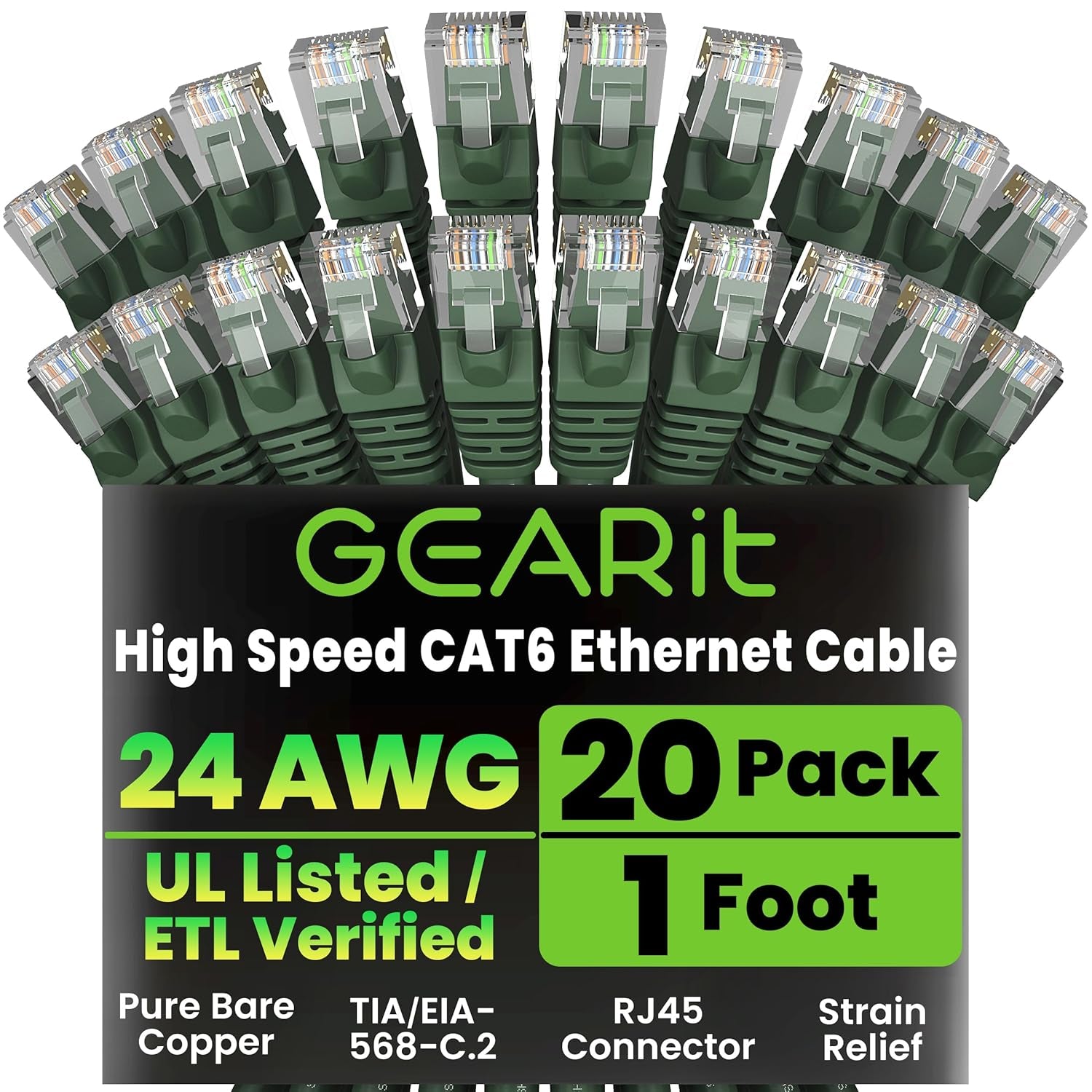 Gearit Cat 6 Ethernet Cable (10-Pack 10 Feet) Cat6 Network Patch, 10Gbps, RJ45, Snagless Cord, Gold-Plated Connectors, Internet for PC, TV, Tablet, Router, Printer, Servers, IT Data Center - Green