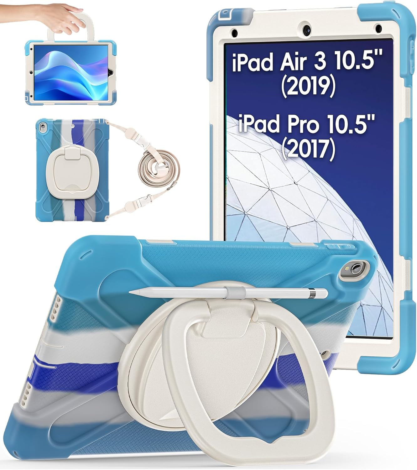 BATYUE Ipad Air 3Rd Generation Case 2019 / Ipad Pro 10.5 Inch Case 2017; Rugged Heavy Duty Protective Cover with Pencil Holder, 360° Swivel Stand, Shoulder Strap; for Kids (Navy Blue+Blue)