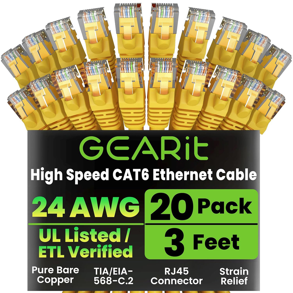 Gearit Cat 6 Ethernet Cable (10-Pack 10 Feet) Cat6 Network Patch, 10Gbps, RJ45, Snagless Cord, Gold-Plated Connectors, Internet for PC, TV, Tablet, Router, Printer, Servers, IT Data Center - Green