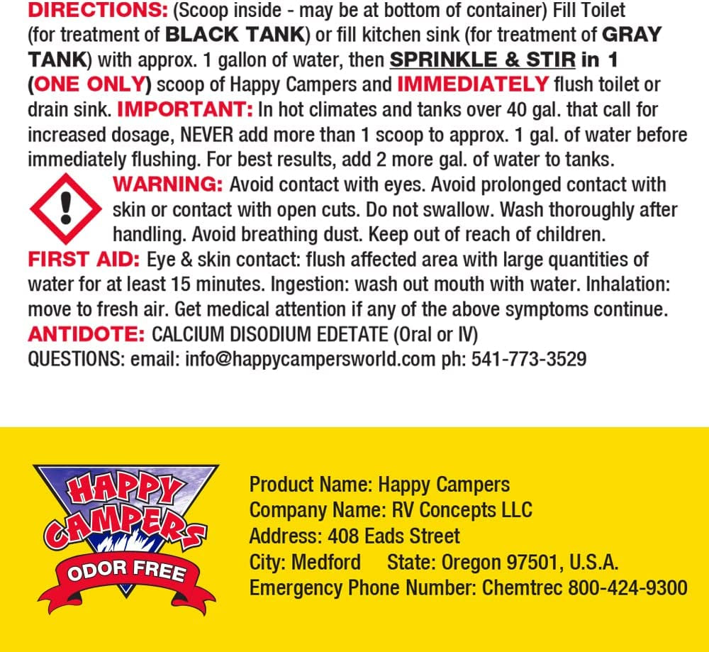 Happy Campers RV Toilet Treatment - Powerful Odor Control, Long-Lasting RV Tank Treatment - Prevents Clogs, Buildup, Sensor Failure - Keeps Holding Tank Clean & Healthy, Odor Free (18 Treatments)
