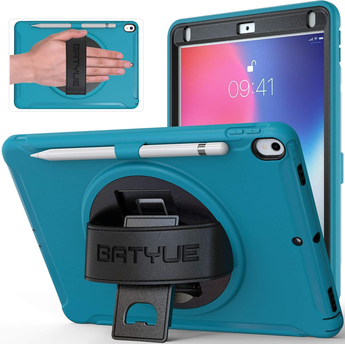 BATYUE Ipad Air 3Rd Generation Case 2019 / Ipad Pro 10.5 Inch Case 2017; Rugged Heavy Duty Protective Cover with Pencil Holder, 360° Swivel Stand, Shoulder Strap; for Kids (Navy Blue+Blue)