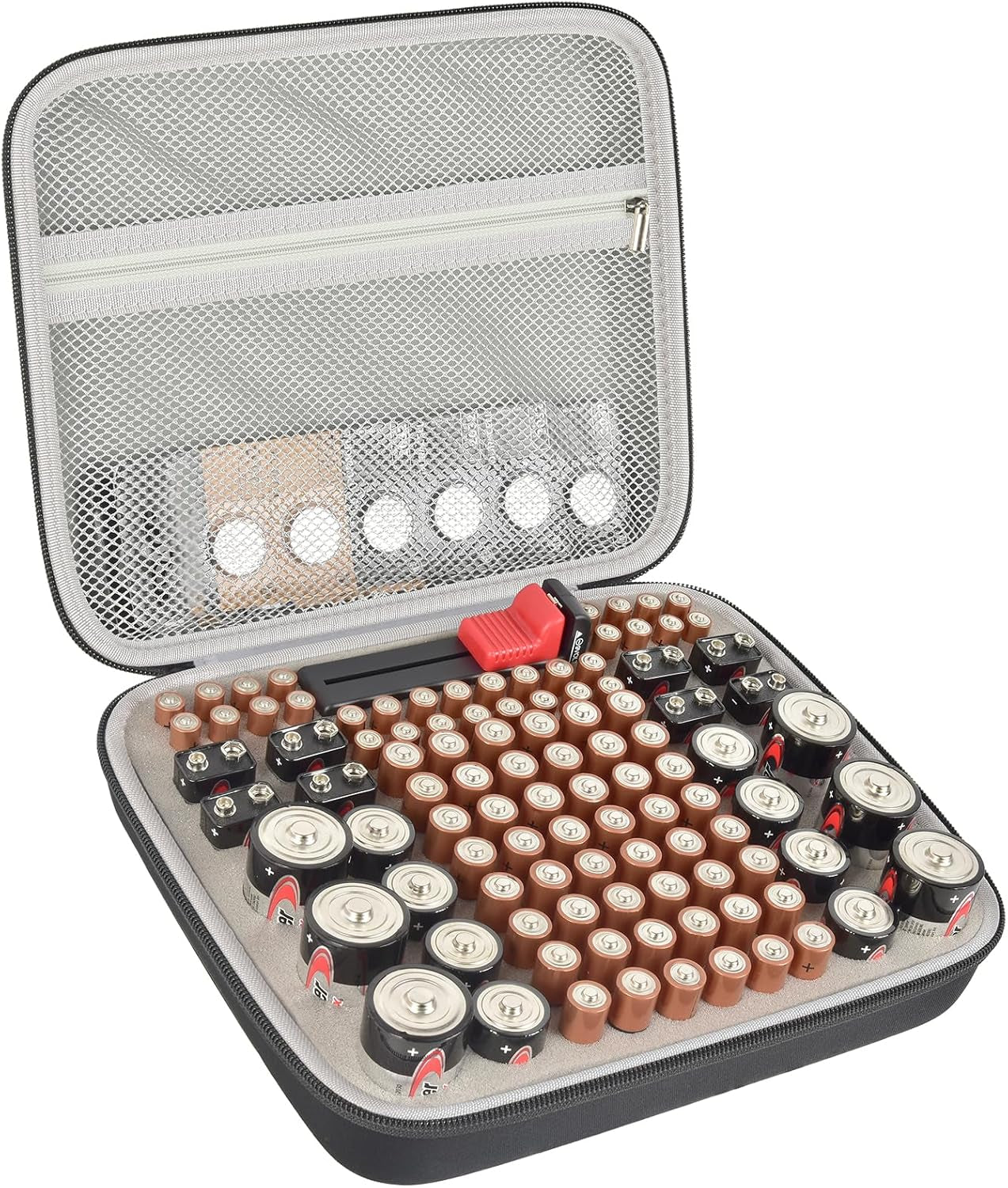 Comecase Battery Organizer Storage Case, Battery Vault Carrying Container Bag Holder - Holds 148+ Batteries AA AAA AAAA C D 9V Button Cell - with BT-168 Tester for Home&Garage- Black(Box Only)