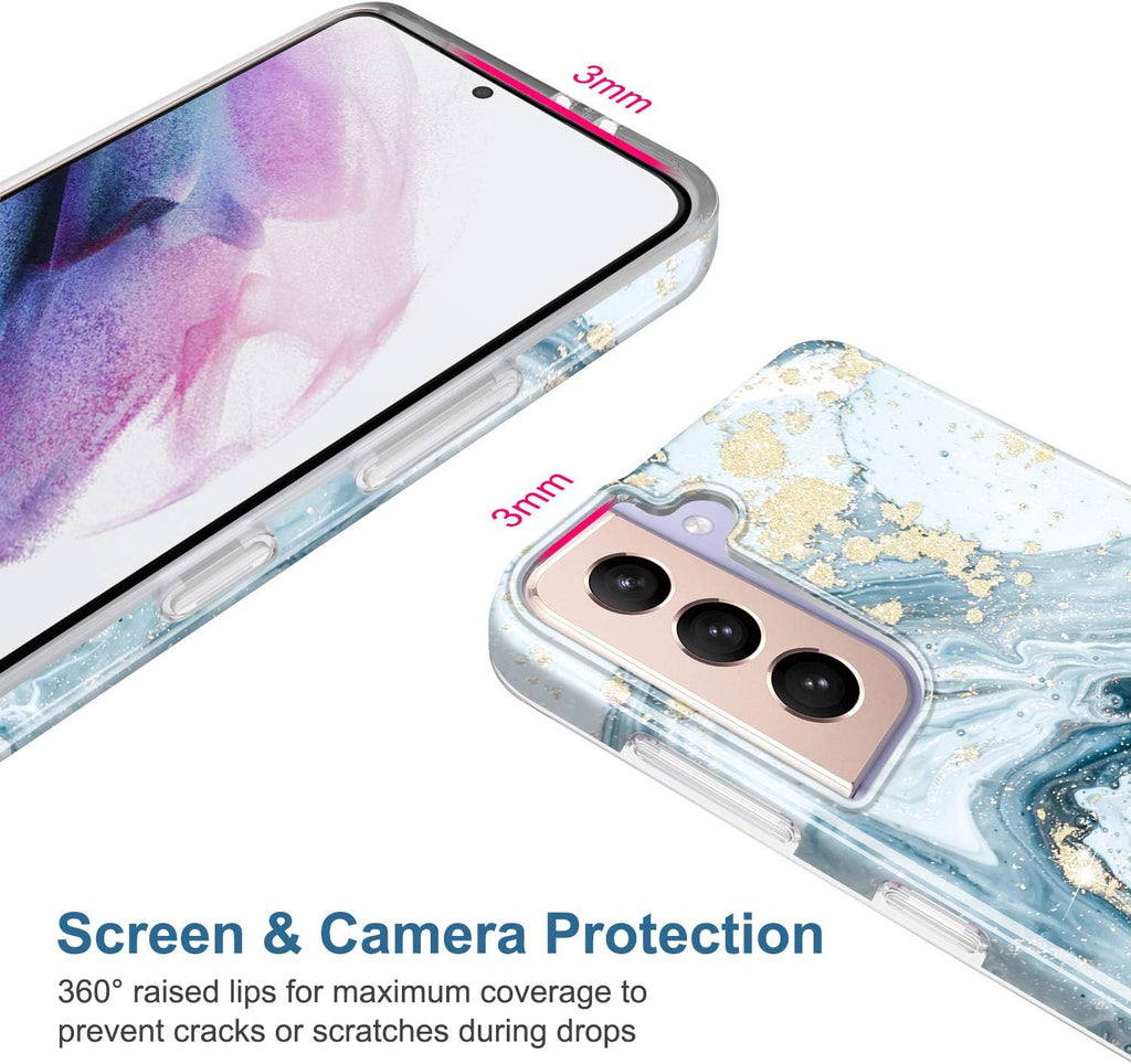 JIAXIUFEN Galaxy S21 Case Gold Sparkle Glitter Marble Slim Shockproof TPU Soft Rubber Silicone Cover Phone Case for Samsung Galaxy S21 5G 6.2 Inch 2021 Blue